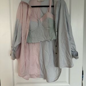 Striped Pastel Button-Up Shirt with Matching Bustier Top